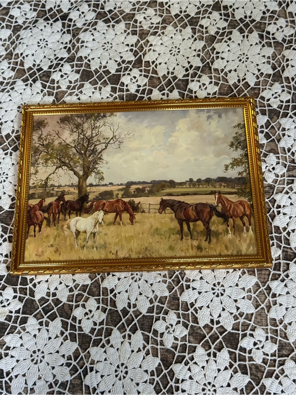 Source Unknown Gold Framed Pastoral Horse Painting - White and Brown Horses